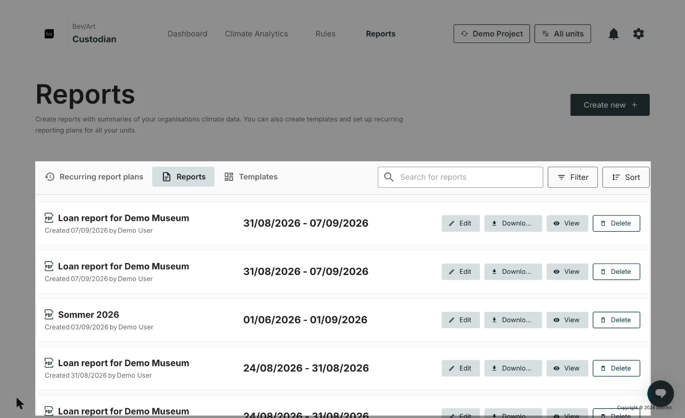 The Reports list, with Edit, Download, View and Delete on each row