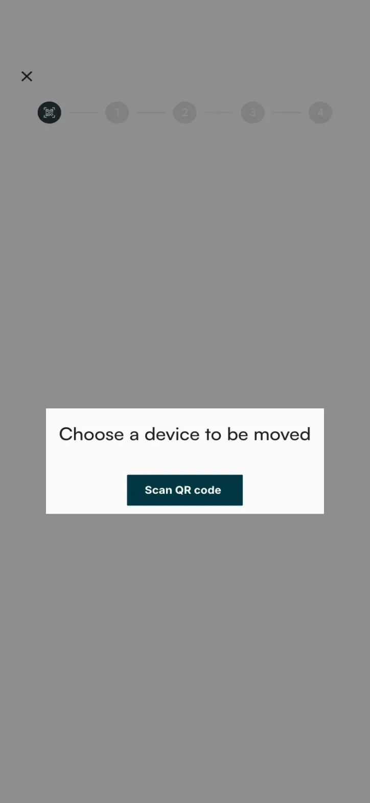The first screen of the installation guide, with the step track across the top and a Scan QR code button